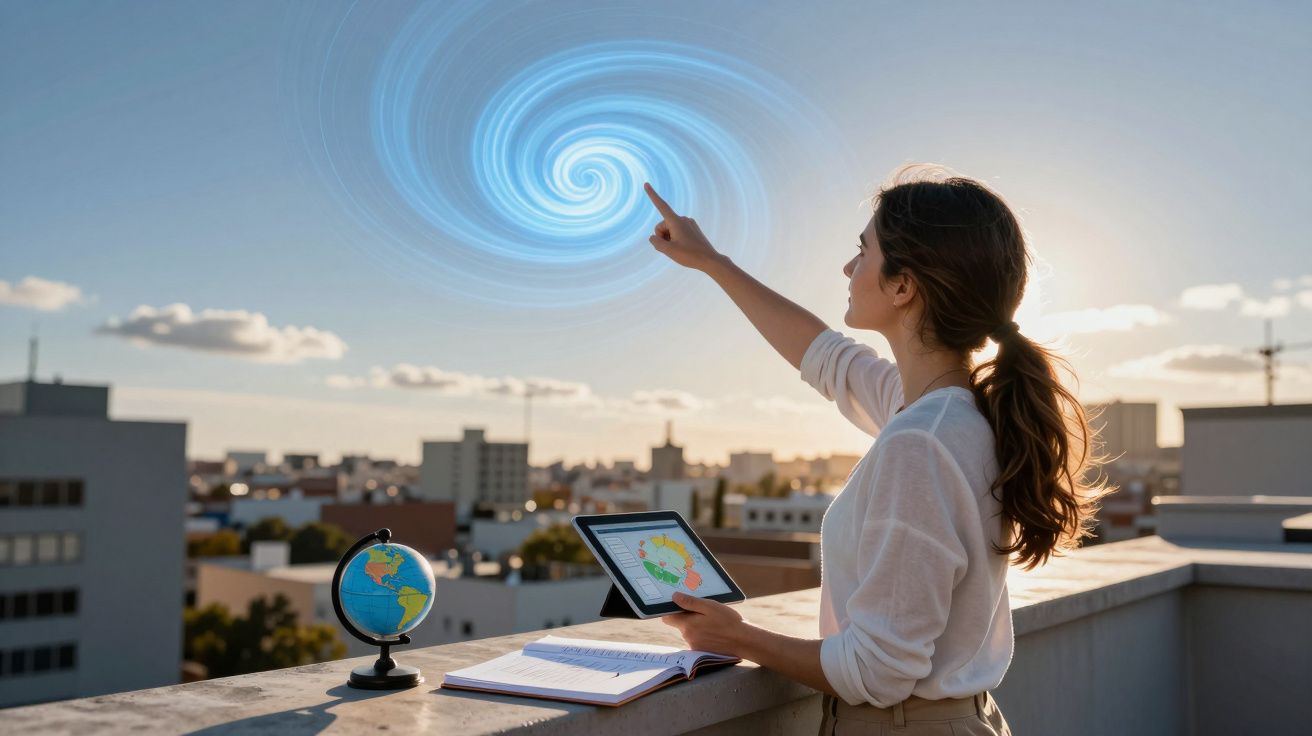 Mujer en azotea apunta a espiral holográfica en cielo; sostiene tablet. Globo terráqueo y libro están en la barandilla.