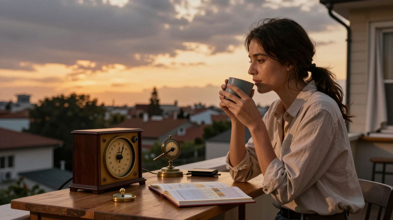 Mujer en terraza al atardecer, bebiendo café junto a un reloj antiguo y un libro abierto sobre la mesa.