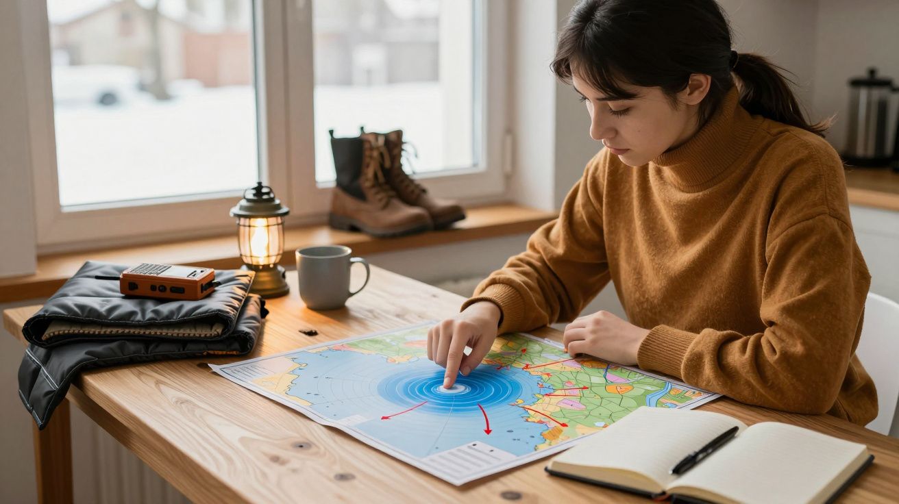Mujer joven con jersey marrón estudiando un mapa en una mesa cerca de una ventana, con cuaderno y taza de café nearby.