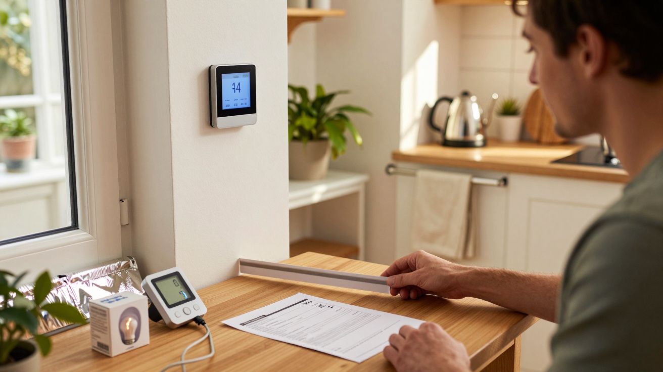 Hombre revisa documentos en una cocina moderna junto a un termostato y un medidor de consumo.