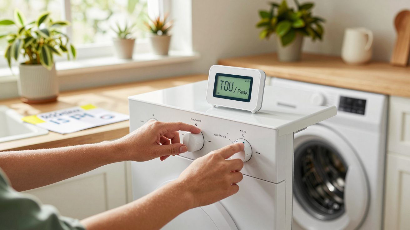 Manos ajustando lavadora con medidor digital TOU en la parte superior, plantas en el fondo.