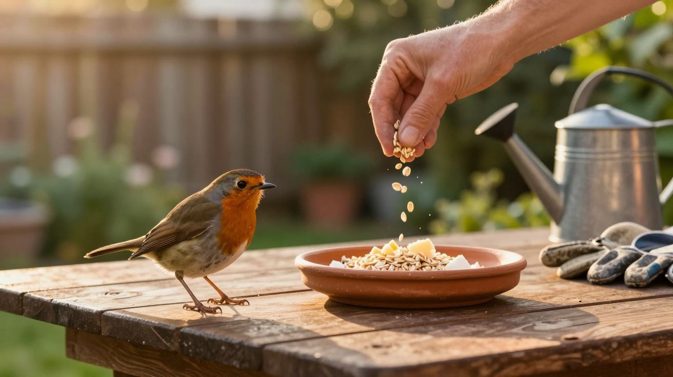 Un petirrojo junto a una mano humana que alimenta con semillas en un plato sobre una mesa de madera en el jardín.