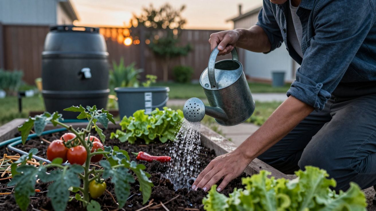 Persona regando un huerto urbano con regadera, cultivando lechugas y tomates al atardecer.