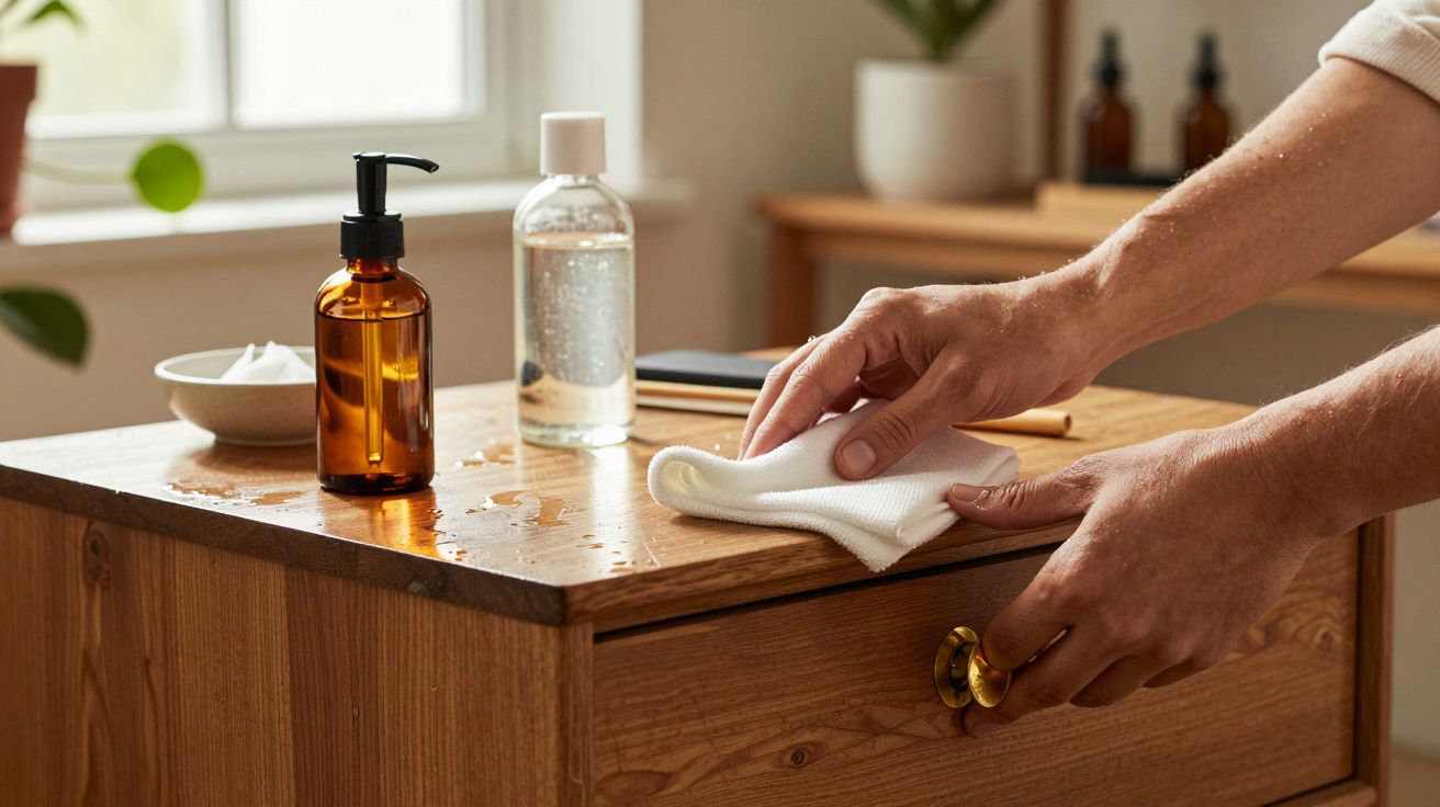 Manos limpiando una cómoda de madera clara con paño blanco, junto a frascos de jabón y desinfectante.
