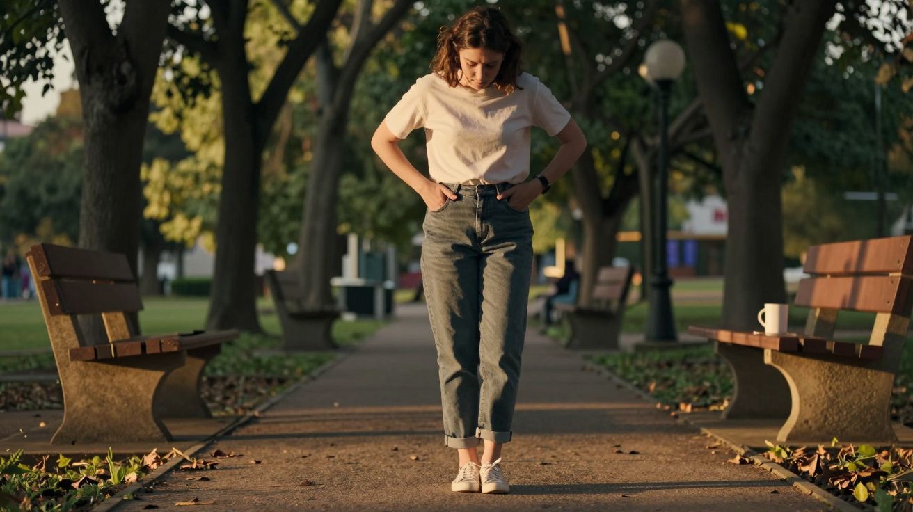 Mujer con camiseta blanca y vaqueros, de pie en un parque con bancos a los lados, rodeada de árboles.