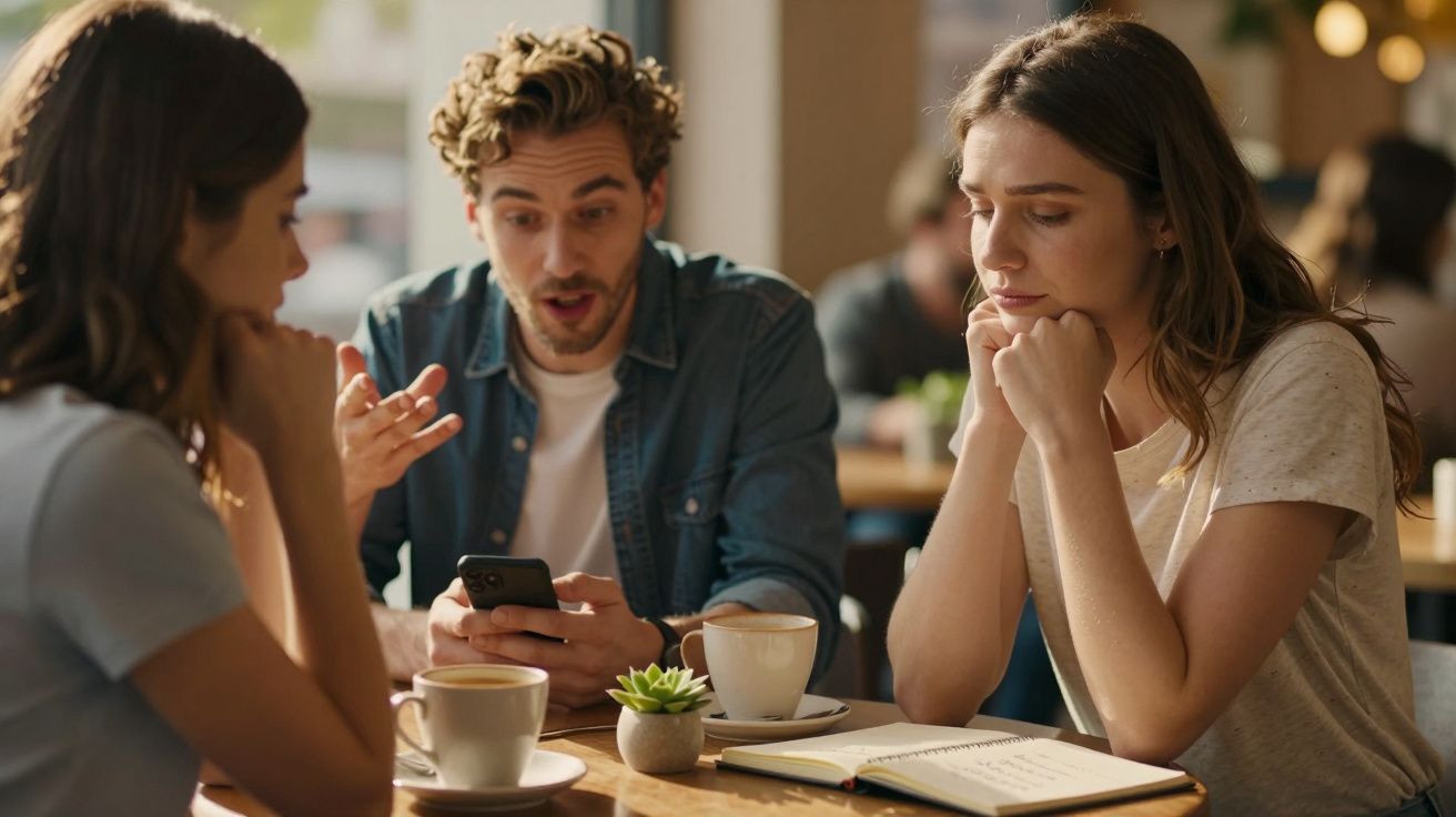 Tres personas conversando en una cafetería, dos mujeres escuchan al hombre que sostiene un móvil.