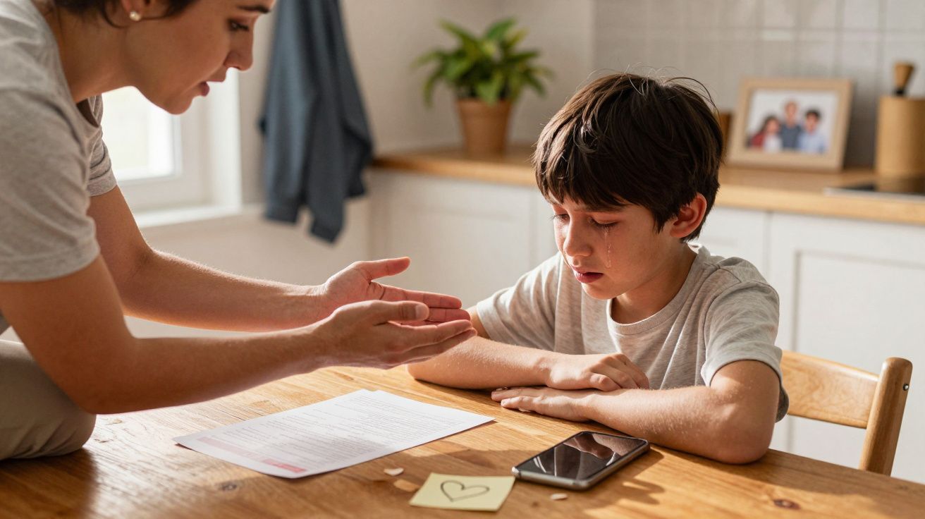 Mujer consolando a un niño que llora sentado en una mesa; hay un móvil y una hoja con un dibujo de corazón.