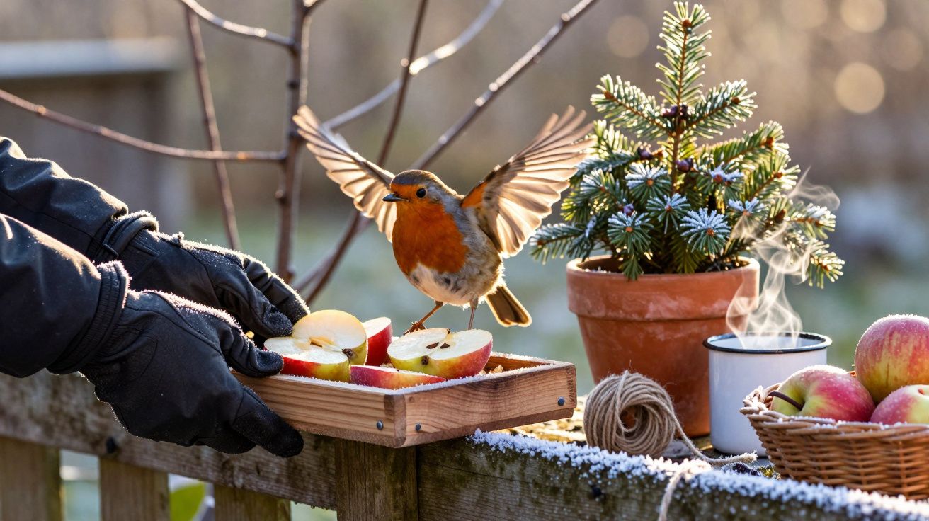 Petirrojo posando en una bandeja con manzanas sobre una valla, junto a una planta en maceta y una taza humeante.