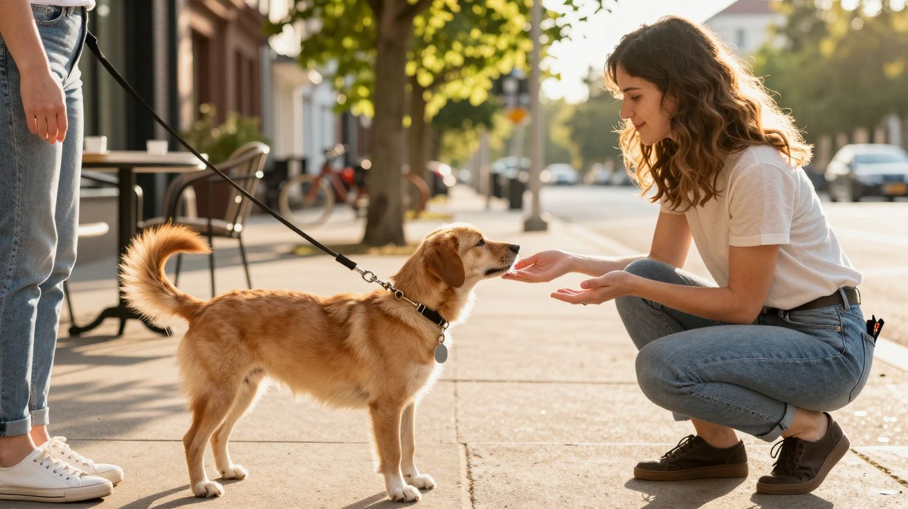Mujer agachada acariciando a un perro en una acera soleada, mientras otra persona sostiene la correa del animal.