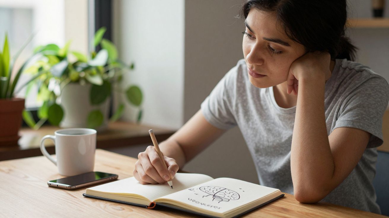 Mujer pensativa escribiendo en un cuaderno en una mesa de madera, con una taza y un móvil al lado.