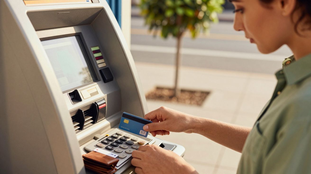 Mujer utilizando un cajero automático, insertando una tarjeta bancaria en la ranura del dispositivo.