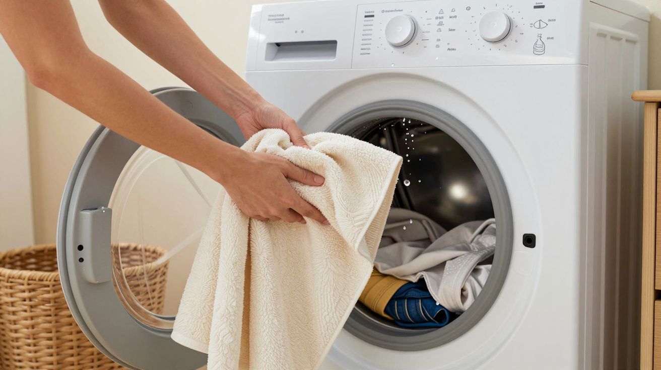 Persona sacando ropa de una lavadora de carga frontal blanca en una habitación con cesto de mimbre.