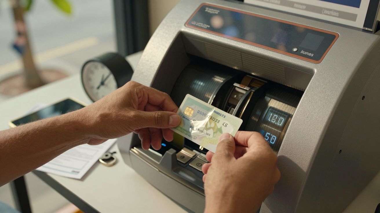 Manos sosteniendo un billete frente a una máquina contadora de dinero en un escritorio.