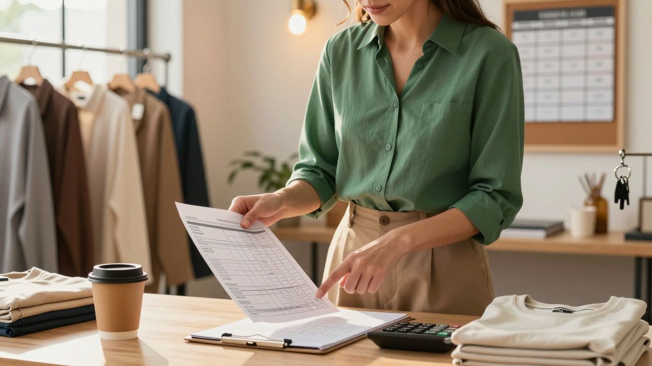 Mujer con camisa verde revisa hojas de papel sobre una mesa, rodeada de ropa, una taza y una calculadora.