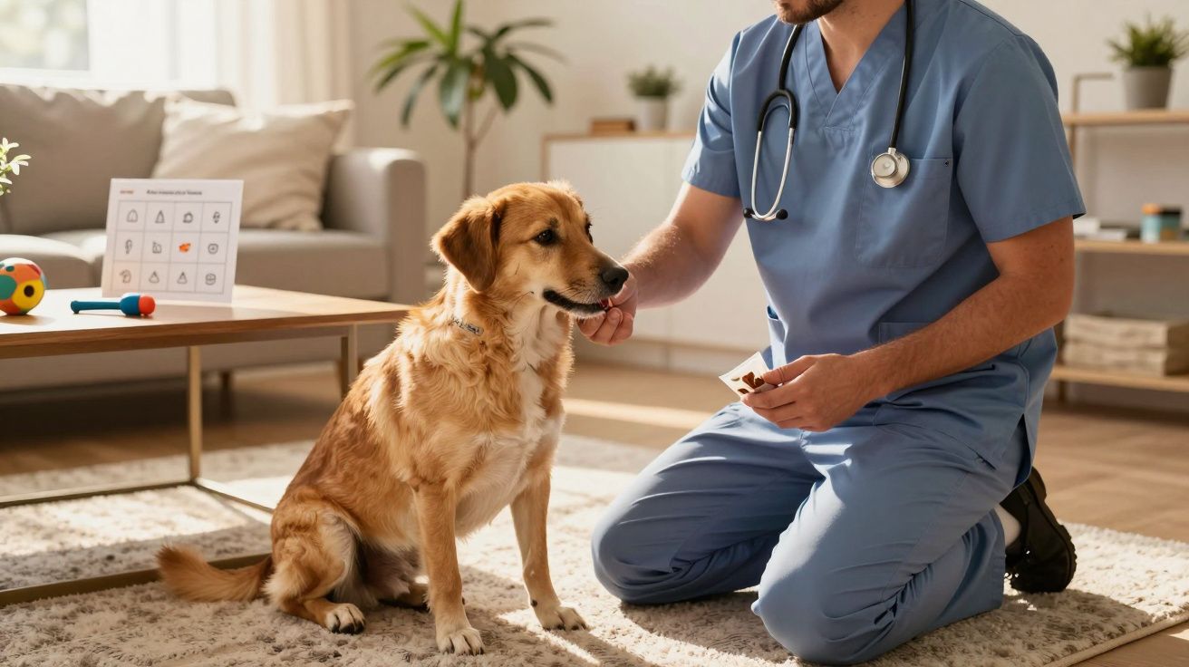 Veterinario en uniforme azul acaricia a un perro marrón sentado en una sala de estar iluminada por el sol.