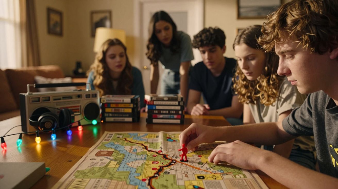 Cinco jóvenes concentrados alrededor de un mapa en una mesa, juegos de mesa y una radio al fondo.