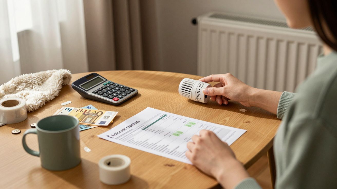 Persona ajusta termostato en mesa con factura de energía, calculadora, taza y radiador cerca.