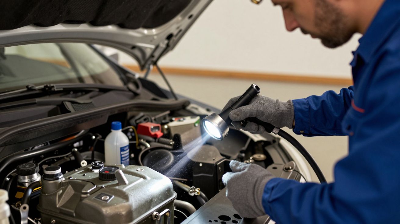Mecánico revisando el motor de un coche con linterna, vistiendo mono azul y guantes grises.