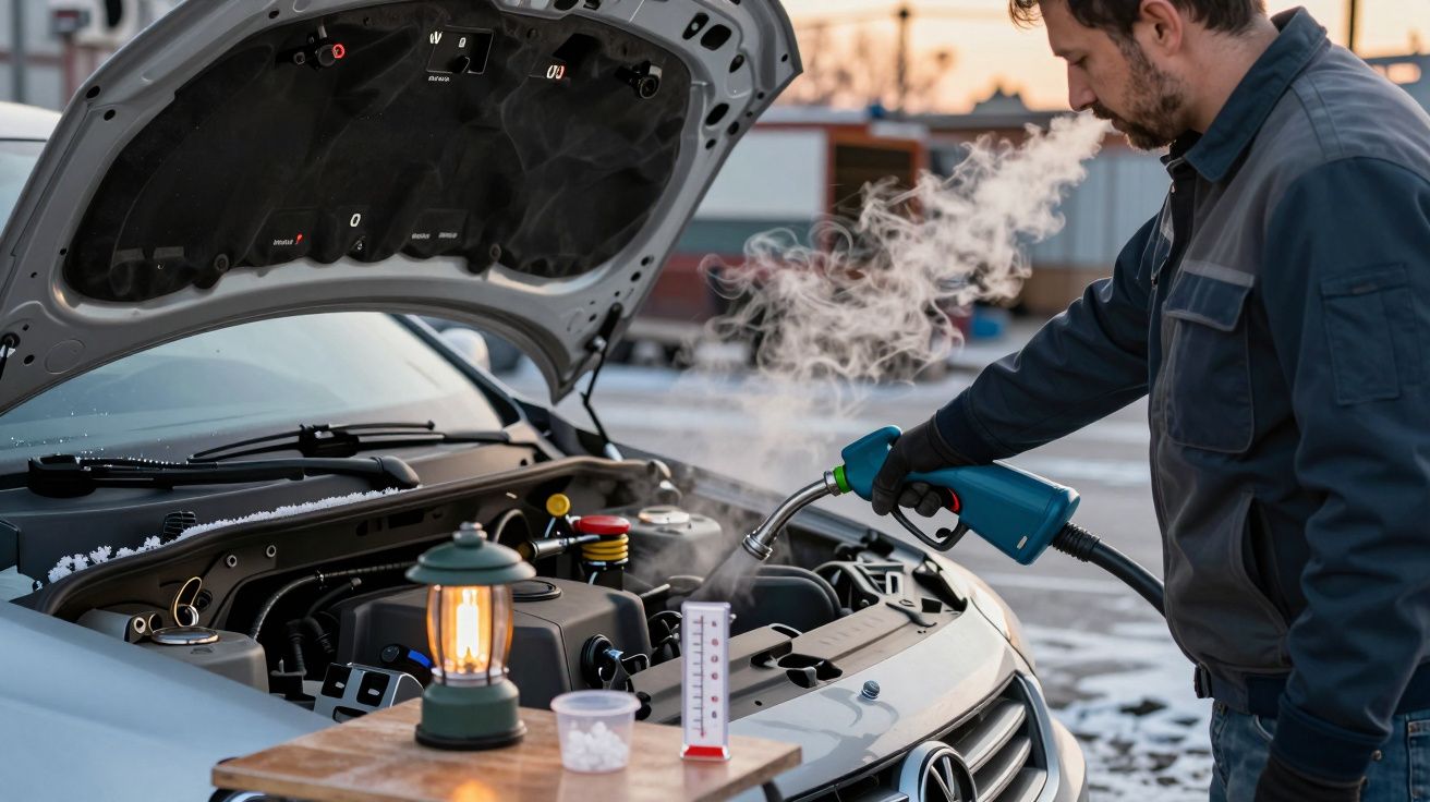 Hombre trabajando en el motor de un coche, con humo, una lámpara y un vaso dosificador sobre una mesa al aire libre.