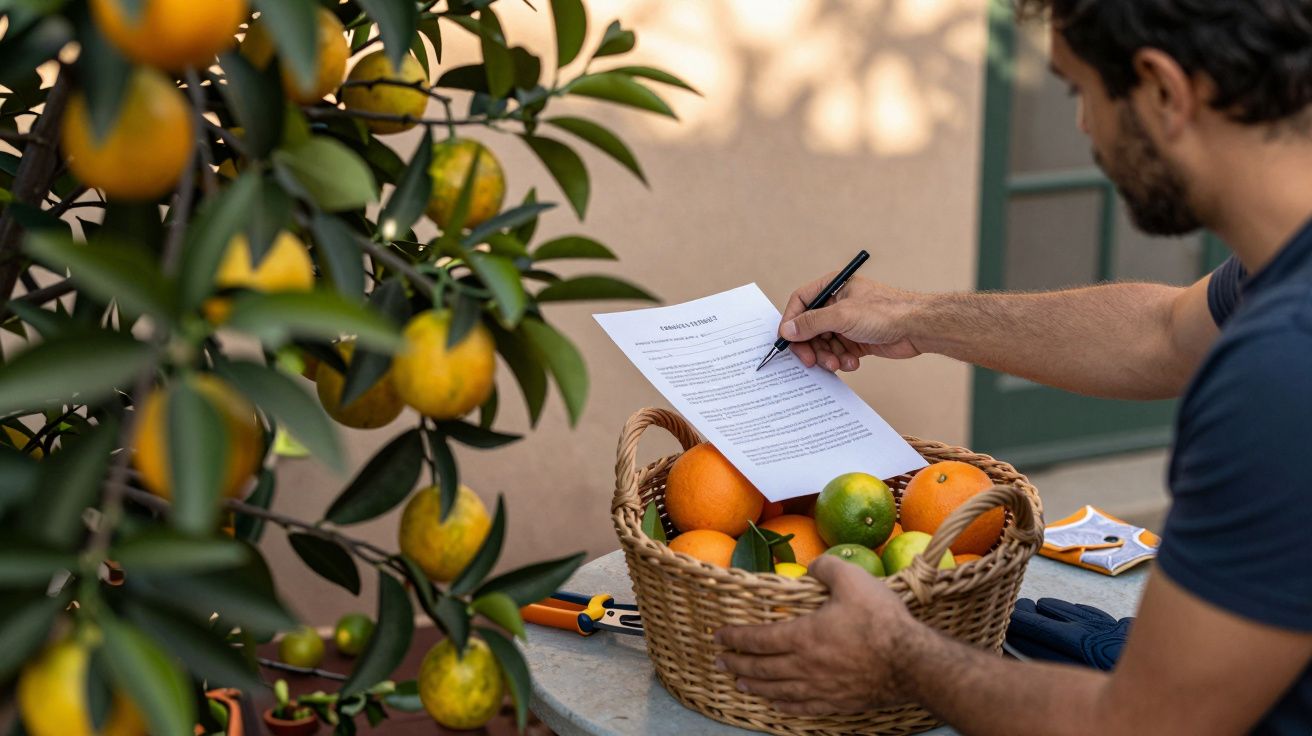 Hombre firmando un documento junto a una cesta de frutas y un árbol de cítricos.