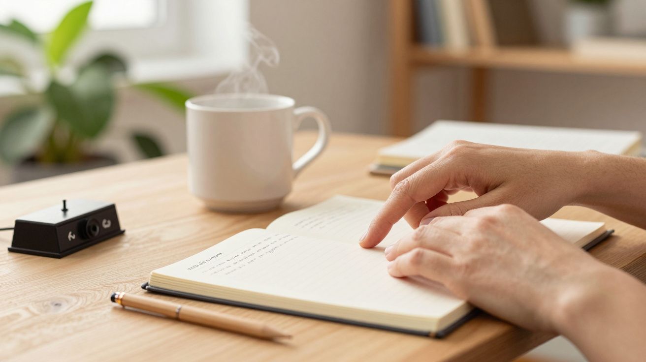 Mano sobre un cuaderno abierto en un escritorio con taza de café y lápiz, planta al fondo.