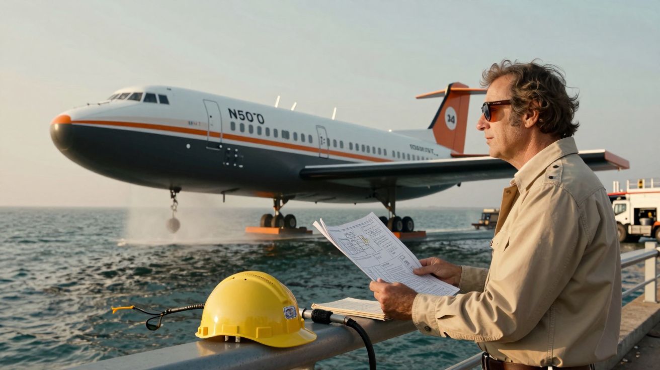Hombre revisa planos frente a avión sobre agua. Casco amarillo y micrófono en barandilla cercana.