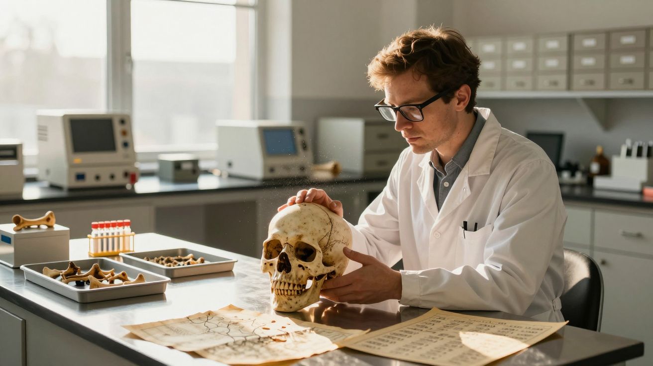 Hombre con bata blanca estudia un cráneo en un laboratorio, rodeado de papeles y herramientas científicas.