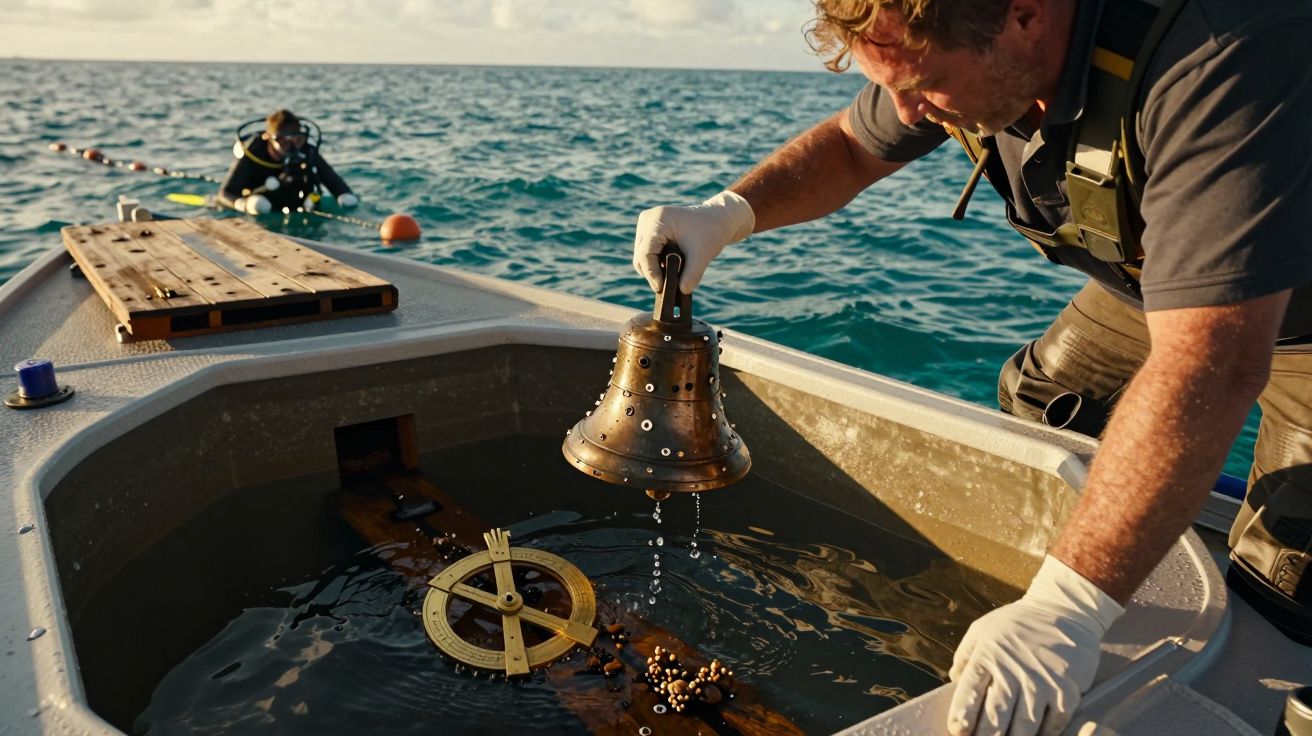 Hombre en barco recupera campana de buzo del agua, con un buzo detrás en el océano turquesa.