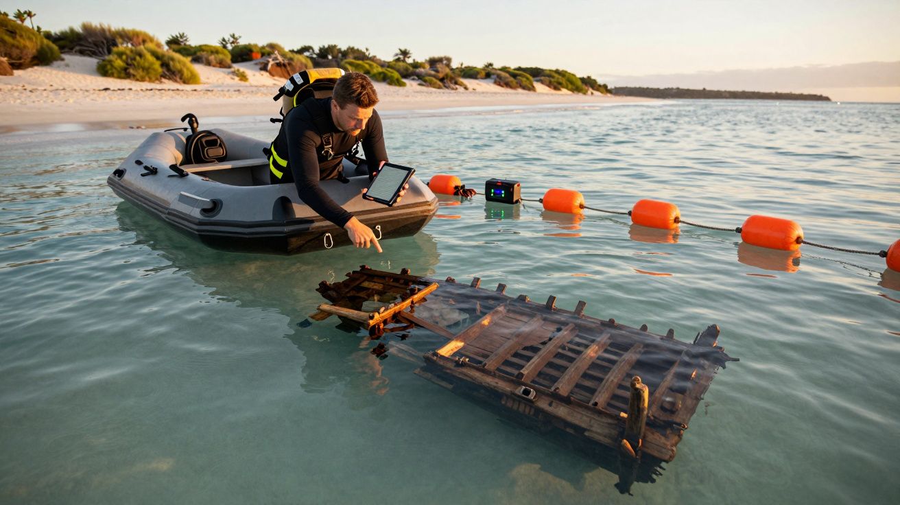 Persona en bote inflable examinando estructura sumergida en el agua cerca de una playa con equipo de buceo y tablet.