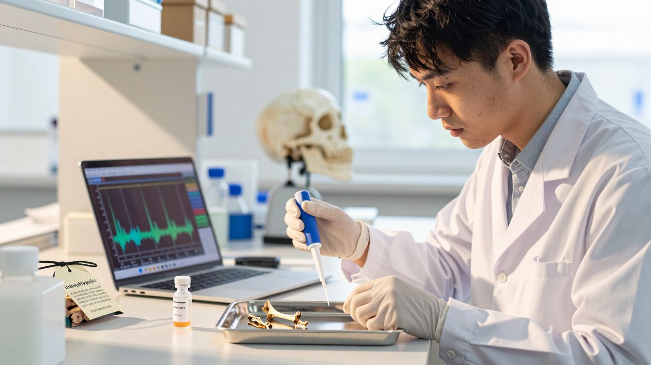 Científico con bata blanca usando pipeta en laboratorio, computadora portátil y calavera en segundo plano.
