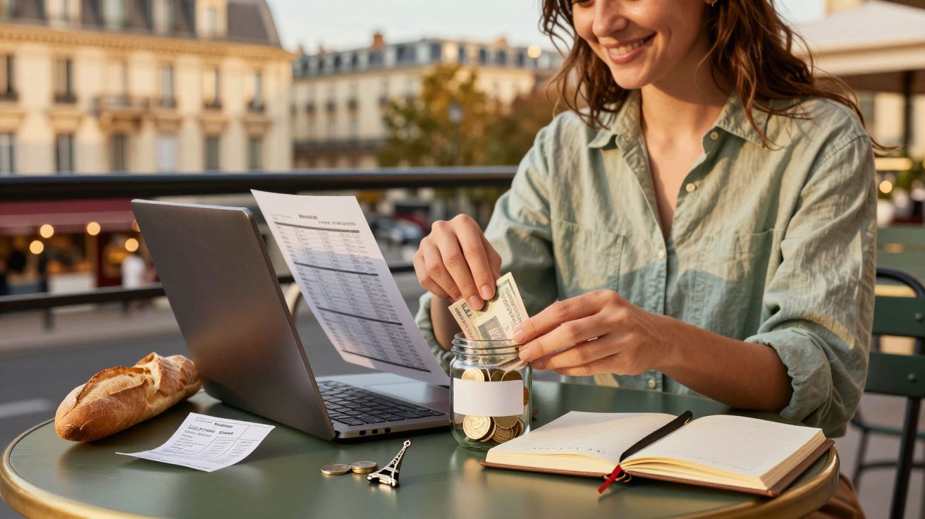 Mujer sonríe mientras ahorra dinero en tarro, con portátil, bloc de notas y baguette en mesa al aire libre.