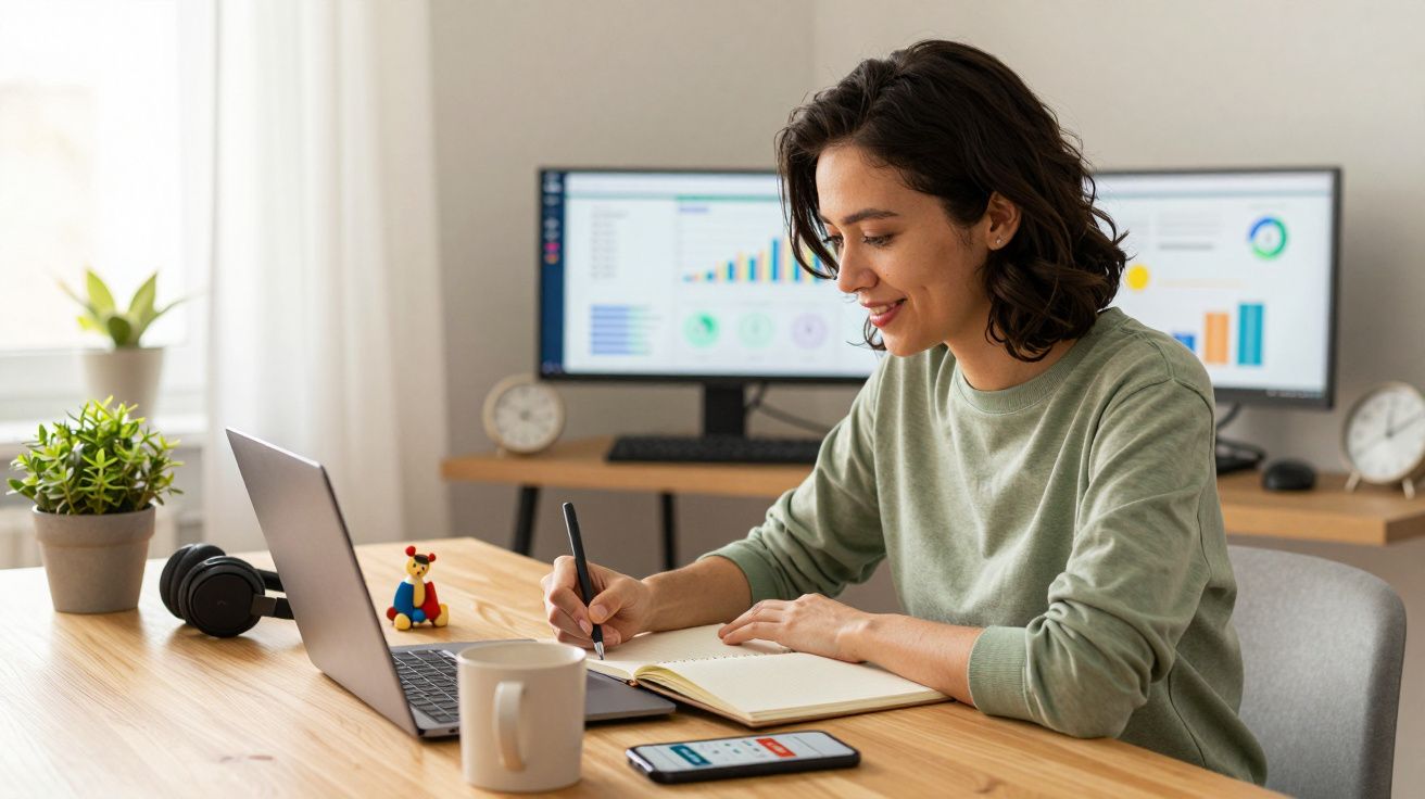 Mujer trabajando en un escritorio con portátil, cuaderno y gráficos en pantalla, rodeada de plantas y relojes.