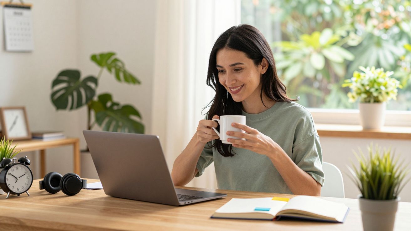 Mujer sonriente bebiendo café mientras trabaja en un portátil en una mesa con plantas y cuaderno.