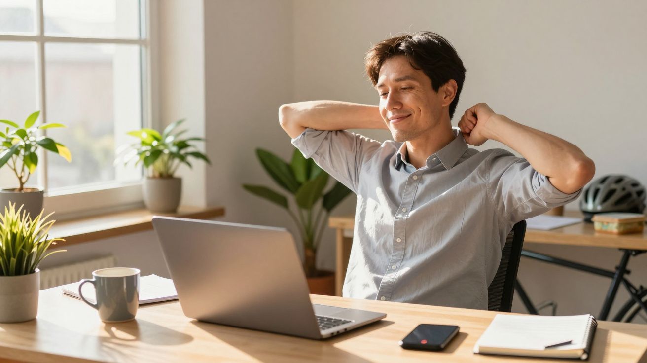 Hombre relajándose frente a un portátil en una oficina iluminada, rodeado de plantas y artículos de escritorio.