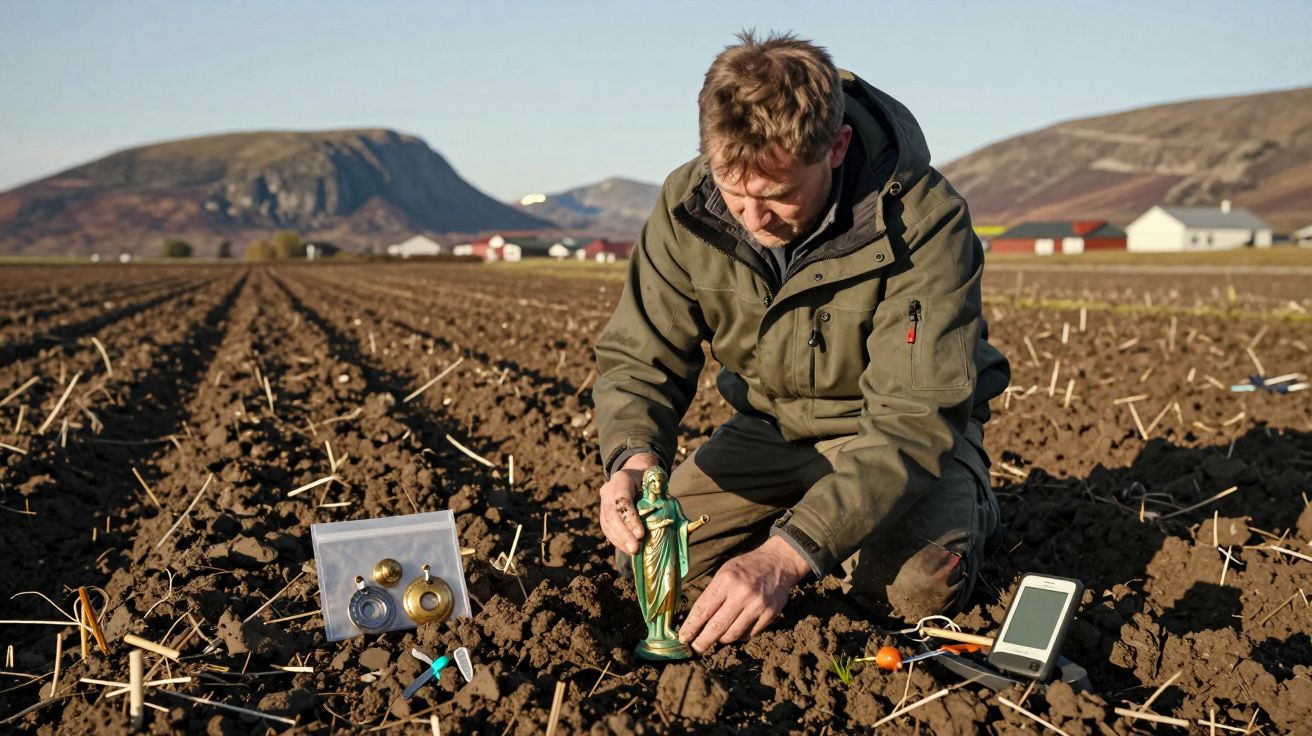 Hombre colocando una estatua en un campo de cultivo, rodeado de herramientas y un teléfono, con montañas al fondo.