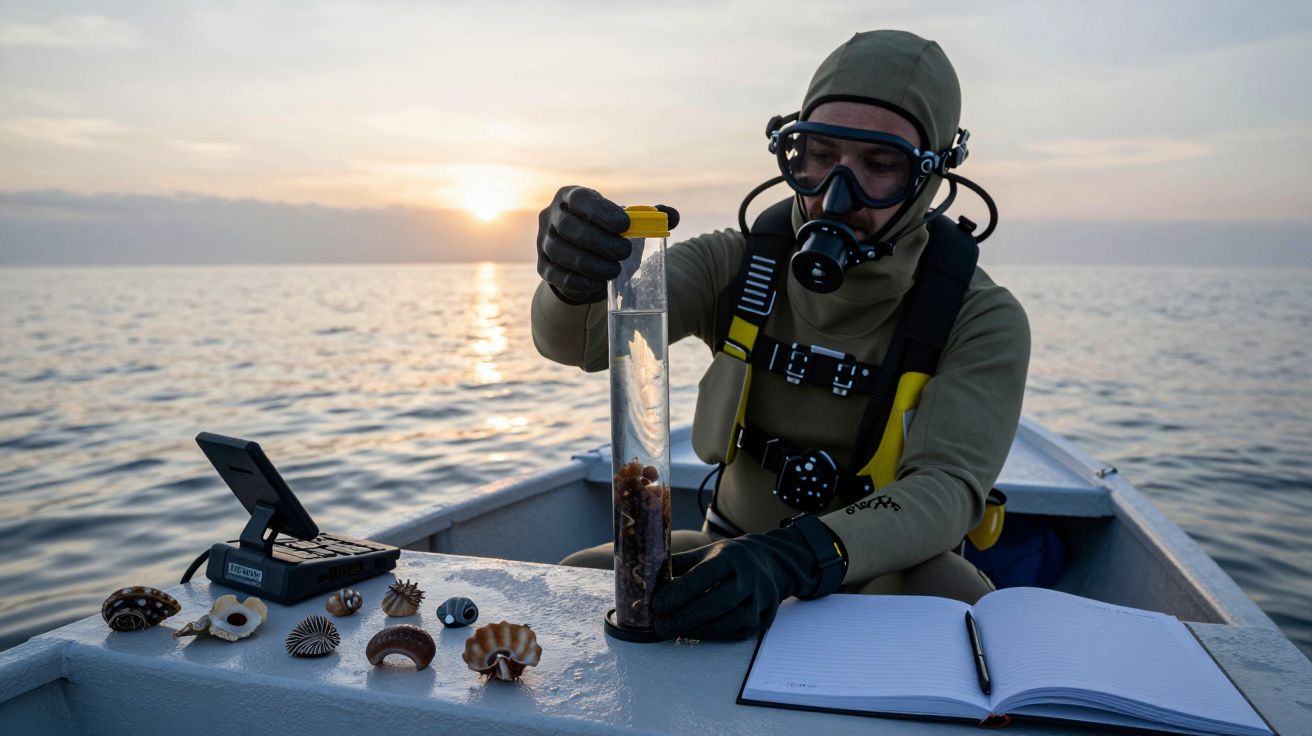 Investigador en traje de buceo examina muestras marinas en un bote al amanecer con equipo y cuaderno.