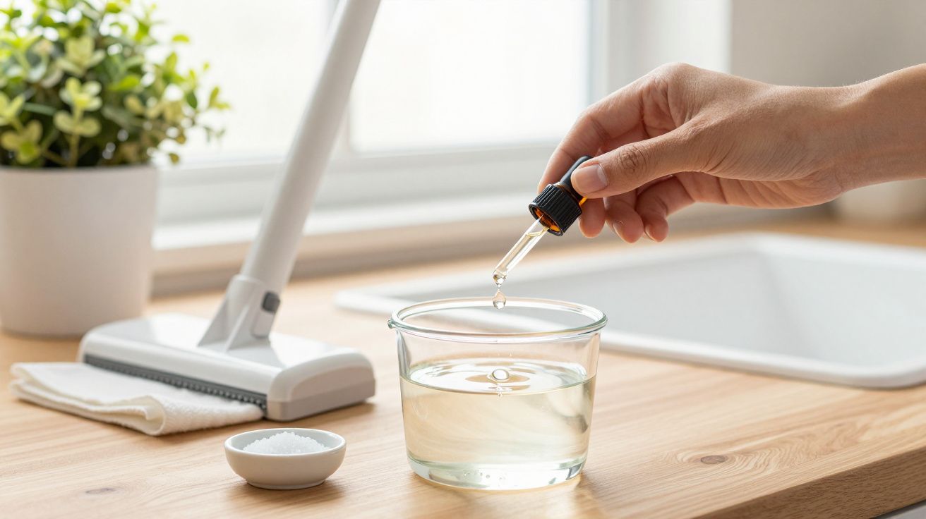 Mano usando un cuentagotas para añadir líquido a un tazón en una cocina con fregadero y utensilios al fondo.