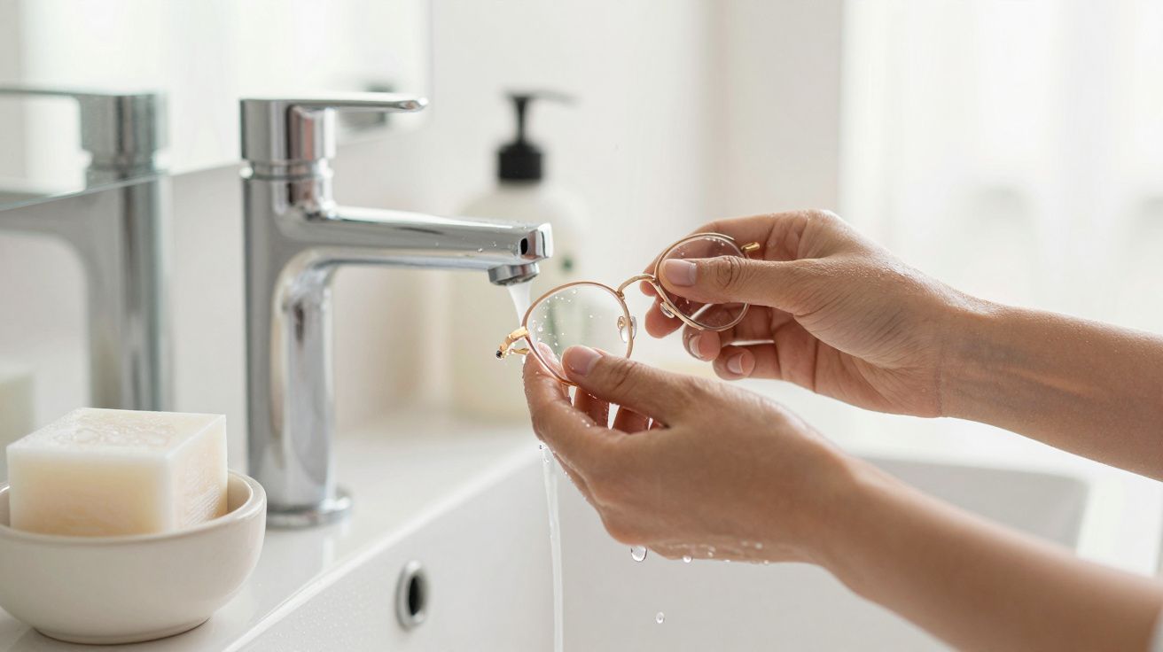 Manos limpiando unas gafas bajo un grifo en un baño.
