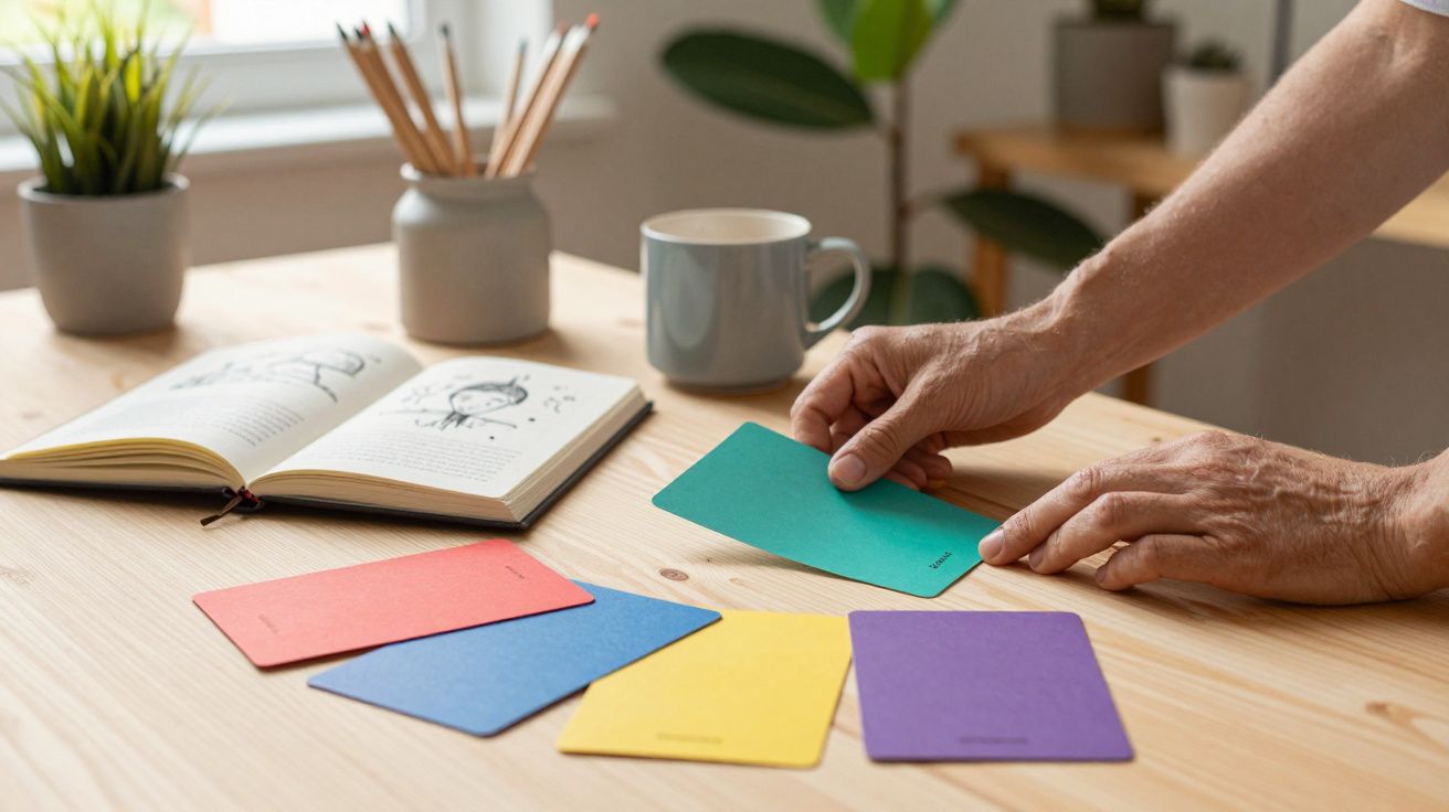Manos sosteniendo tarjetas de colores sobre una mesa; a un lado, un cuaderno abierto y una taza.