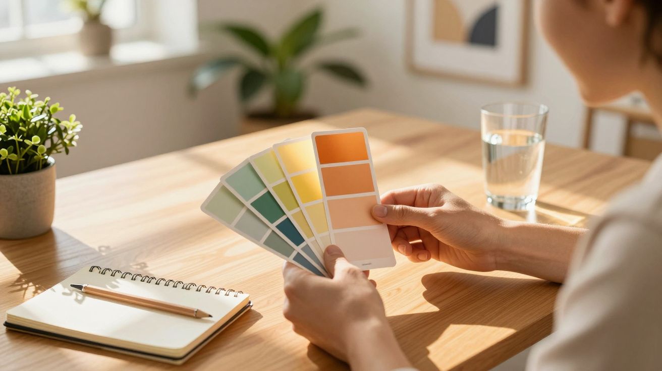Persona eligiendo paletas de colores en una mesa de madera con libreta, lápiz, planta y vaso de agua.
