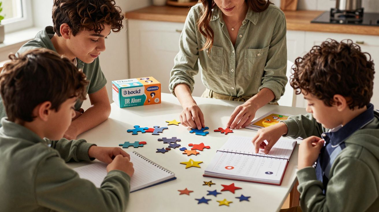 Una mujer y tres niños jugando con piezas de colores y cuadernos en una mesa blanca en la cocina.