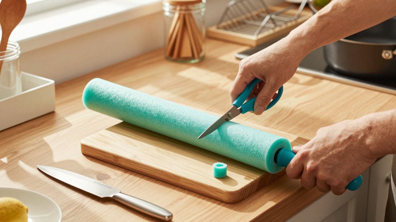 Persona cortando un cilindro de espuma azul en una tabla de madera en la cocina.