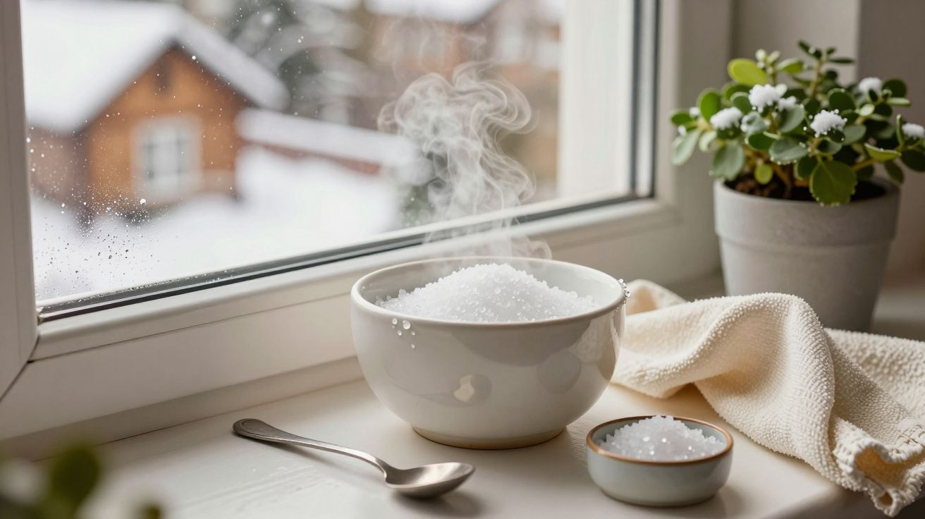 Cuenco de arroz humeante en el alféizar de una ventana, rodeado de nieve y plantas.
