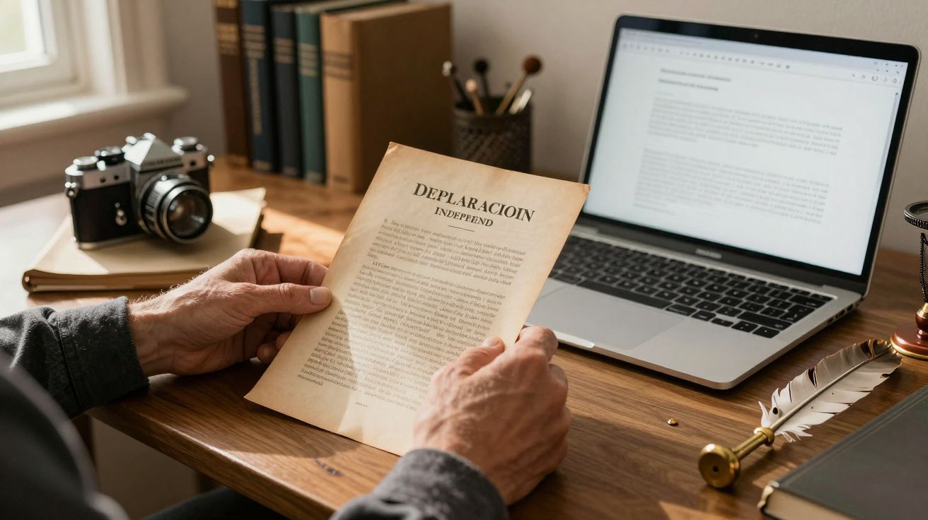 Persona leyendo documento en una mesa con laptop, cámara y libros.