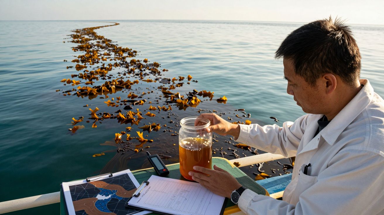 Científico observa muestras en un bote junto a algas. Documentos y mapas están sobre la mesa. Mar tranquilo al fondo.