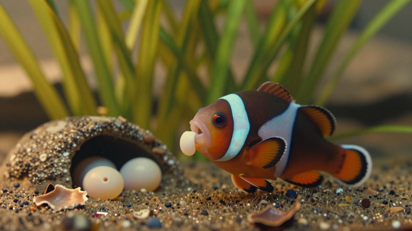 Pez payaso cuidando huevos cerca de una cueva en el fondo del acuario, rodeado de plantas acuáticas.