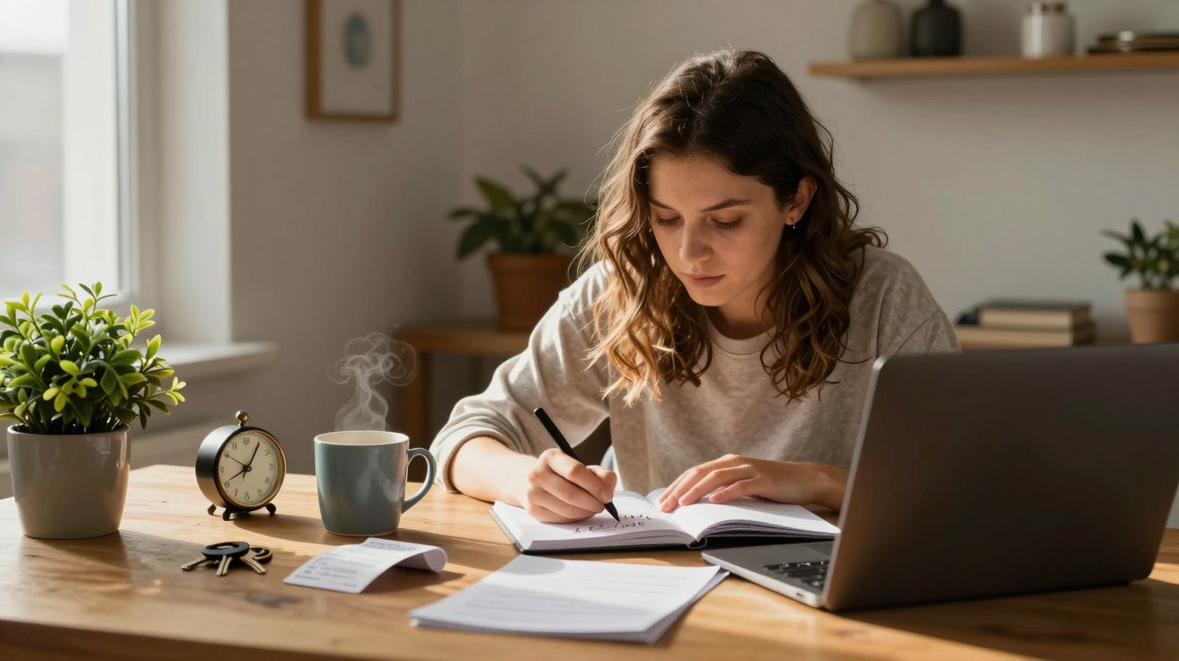 Mujer escribiendo en un cuaderno junto a una taza de café y un portátil en una mesa de madera iluminada por luz natural.