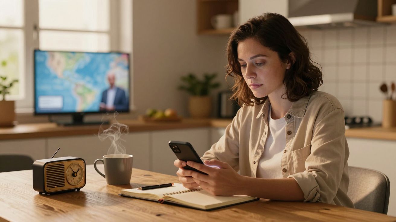 Mujer con móvil en cocina, taza humeante y cuaderno frente a ella; televisor de fondo muestra mapa mundial.