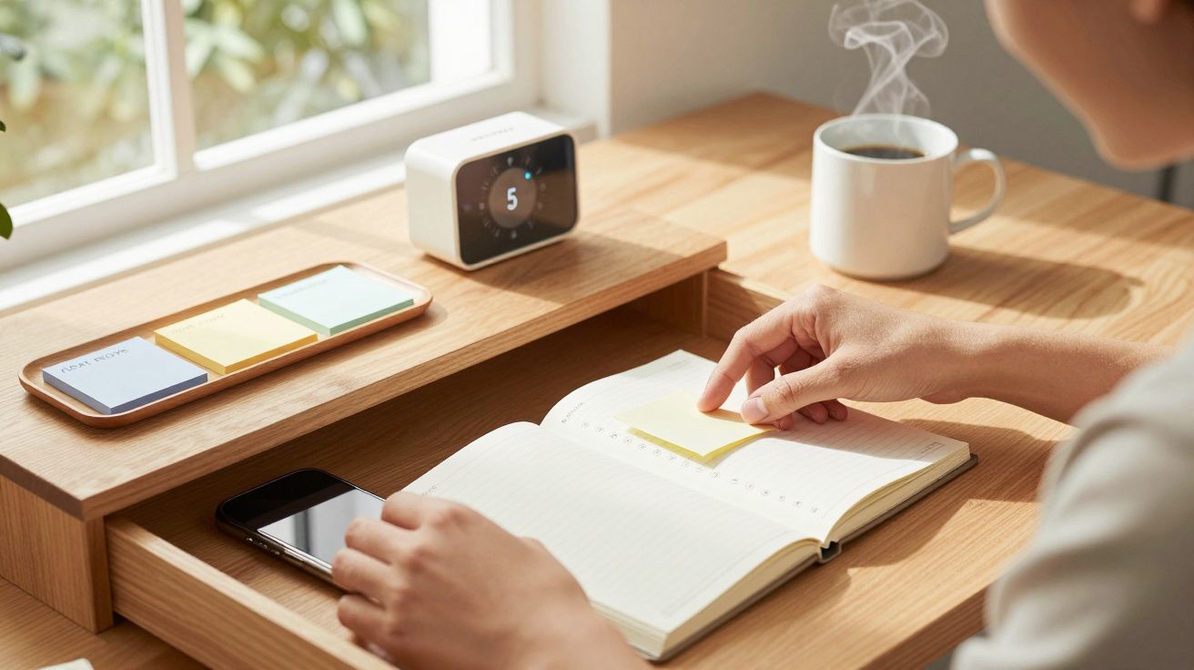 Persona escribiendo en una libreta con notas adhesivas en un escritorio. Hay un reloj digital y una taza de café.