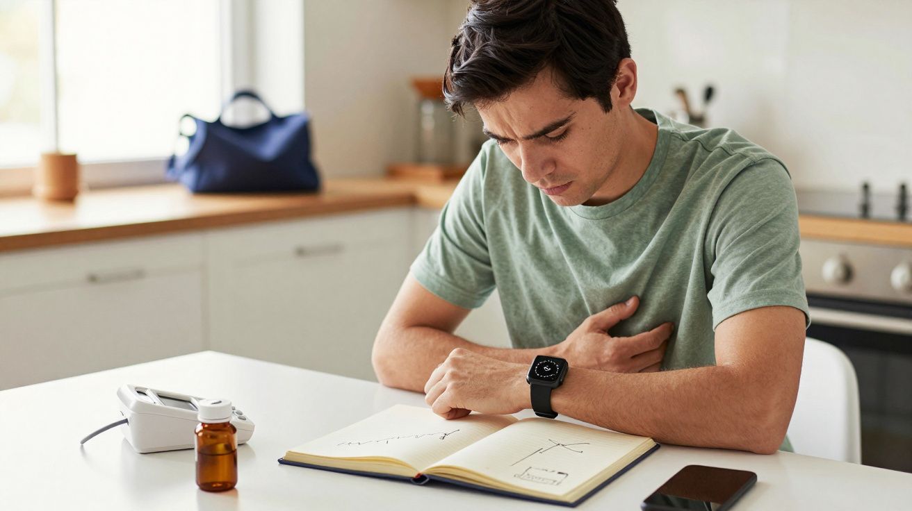 Hombre con dolor de estómago sentado en cocina, mirando un libro con un tensiómetro y medicamento cerca.